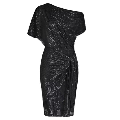 Cocktail Dresses for Women Sequined Party Dress Summer Ruched Short Sleeve Asymmetric off Shoulder Bodycon Dress Vestidos