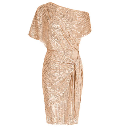 Cocktail Dresses for Women Sequined Party Dress Summer Ruched Short Sleeve Asymmetric off Shoulder Bodycon Dress Vestidos