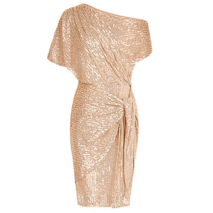 GK Cocktail Dresses for Women Sequined Party Dress Summer Ruched Short Sleeve Asymmetric off Shoulder Bodycon Dress Vestidos