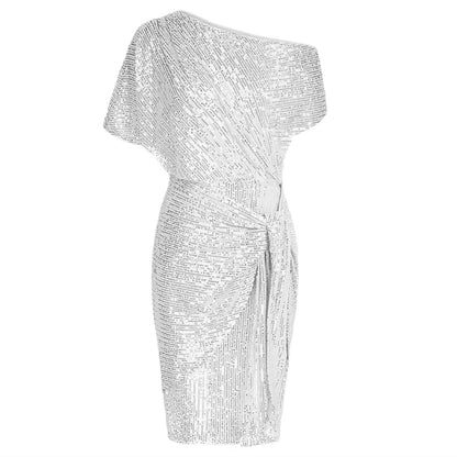 Cocktail Dresses for Women Sequined Party Dress Summer Ruched Short Sleeve Asymmetric off Shoulder Bodycon Dress Vestidos