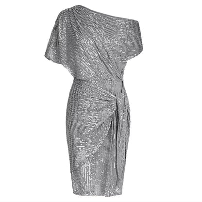 Cocktail Dresses for Women Sequined Party Dress Summer Ruched Short Sleeve Asymmetric off Shoulder Bodycon Dress Vestidos