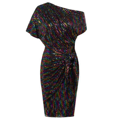Cocktail Dresses for Women Sequined Party Dress Summer Ruched Short Sleeve Asymmetric off Shoulder Bodycon Dress Vestidos