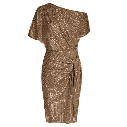 Cocktail Dresses for Women Sequined Party Dress Summer Ruched Short Sleeve Asymmetric off Shoulder Bodycon Dress Vestidos