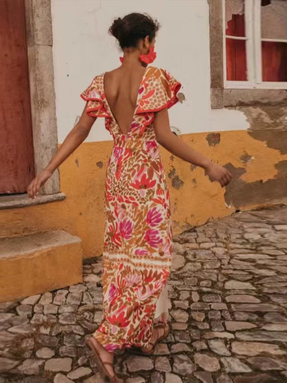 2025 Summer Backless Print Dress for Women – Sexy V Neck Long Dress with Butterfly Sleeves and Split